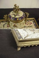 3pc Antique Cloisonne Enameled Cast Bronze Ink Well & pr Candlesticks Desk Set