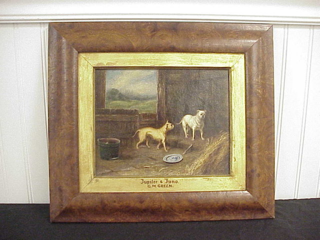 OG Wood Framed 1876 G.M. Green OOC Painting Dogs in Barn 10x8