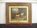 OG Wood Framed 1876 G.M. Green OOC Painting Dogs in Barn 10x8