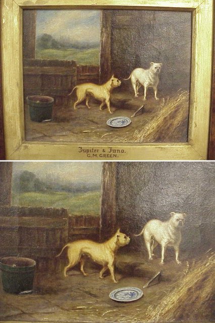 OG Wood Framed 1876 G.M. Green OOC Painting Dogs in Barn 10x8