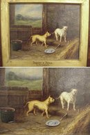 OG Wood Framed 1876 G.M. Green OOC Painting Dogs in Barn 10x8
