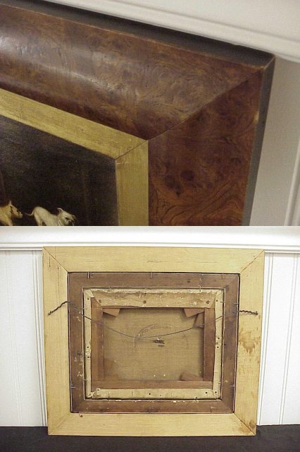 OG Wood Framed 1876 G.M. Green OOC Painting Dogs in Barn 10x8