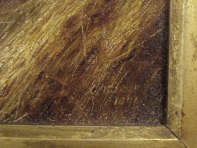 OG Wood Framed 1876 G.M. Green OOC Painting Dogs in Barn 10x8