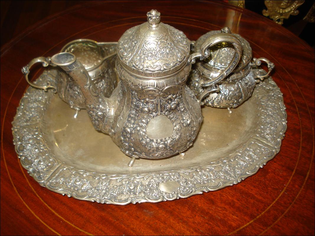 Nineteenth Century European Silver Repousse Chocolate Set With Matching Silver Tray