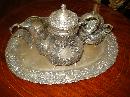 Nineteenth Century European Silver Repousse Chocolate Set With Matching Silver Tray