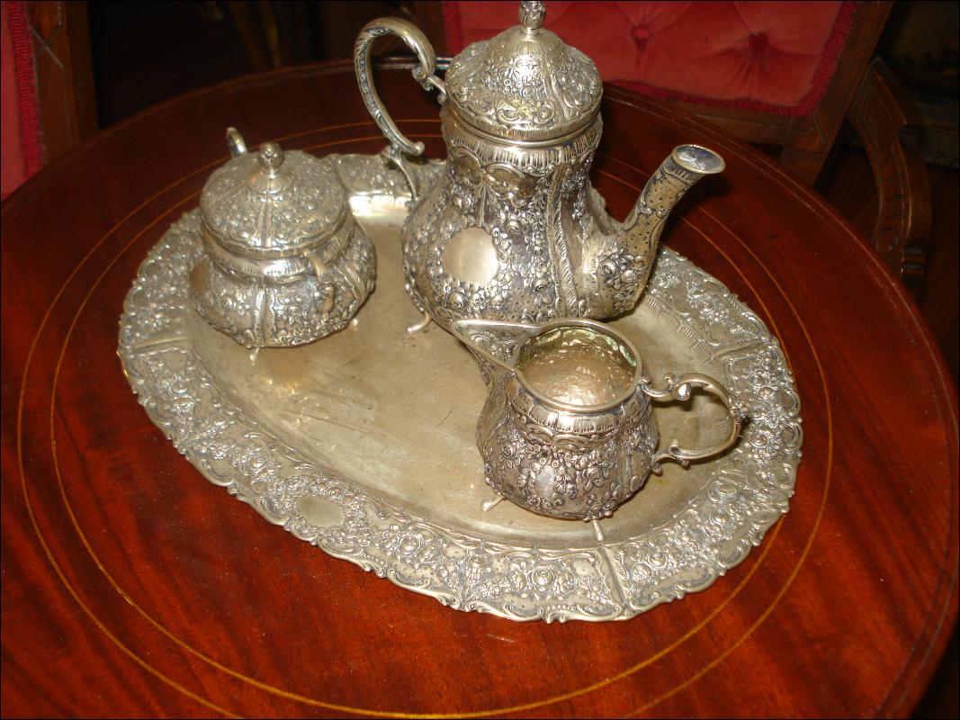 Nineteenth Century European Silver Repousse Chocolate Set With Matching Silver Tray