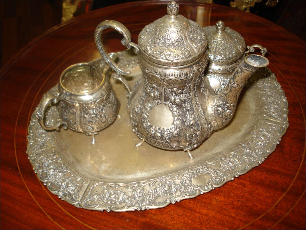 Nineteenth Century European Silver Repousse Chocolate Set With Matching Silver Tray