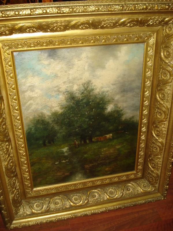 Nineteenth Century Oil On Canvas, Unsigned, att. George Inness, Cows In Pasture With Threatening Sky