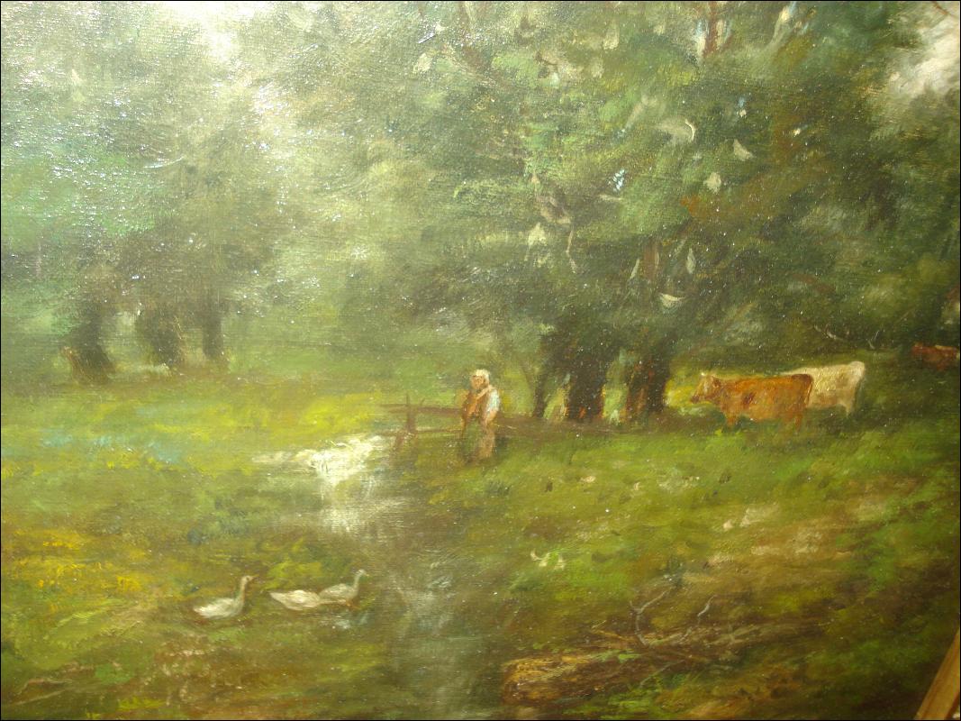 Nineteenth Century Oil On Canvas, Unsigned, att. George Inness, Cows In Pasture With Threatening Sky