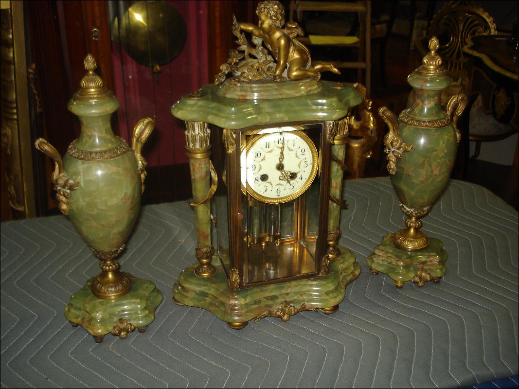 Nineteenth Century French Green Onyx And Bronze Three Piece Crystal Regulator Set