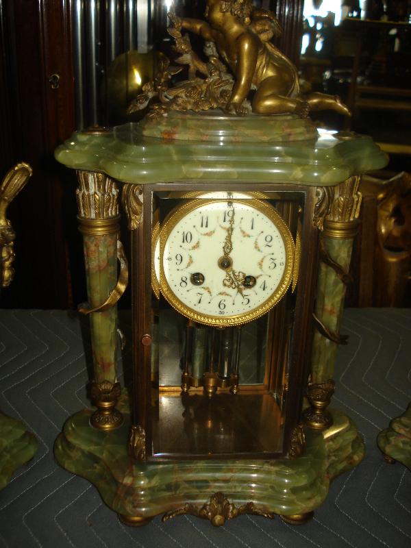 Nineteenth Century French Green Onyx And Bronze Three Piece Crystal Regulator Set