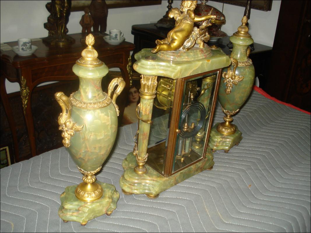 Nineteenth Century French Green Onyx And Bronze Three Piece Crystal Regulator Set