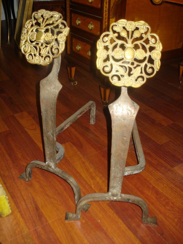 Eighteenth Century American Andirons (Pair), Pierced Bronze and Cast Iron
