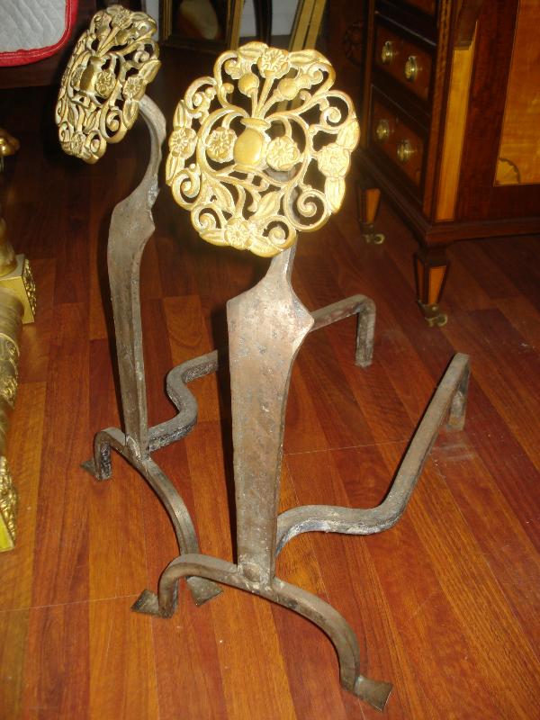 Eighteenth Century American Andirons (Pair), Pierced Bronze and Cast Iron