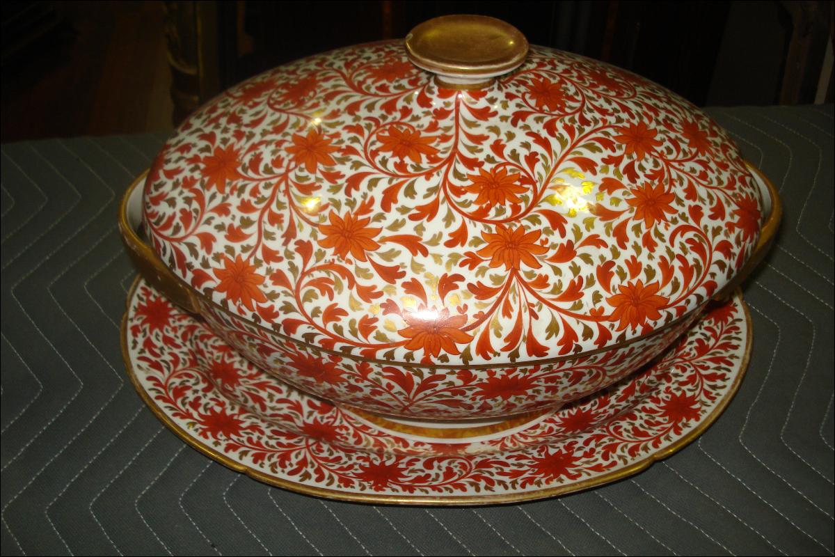 Nineteenth Century Toureen And Matching Platter, Highly Ornate, Hand Painted Floral Design With Gilded Banding, Edging, Handles, Finial