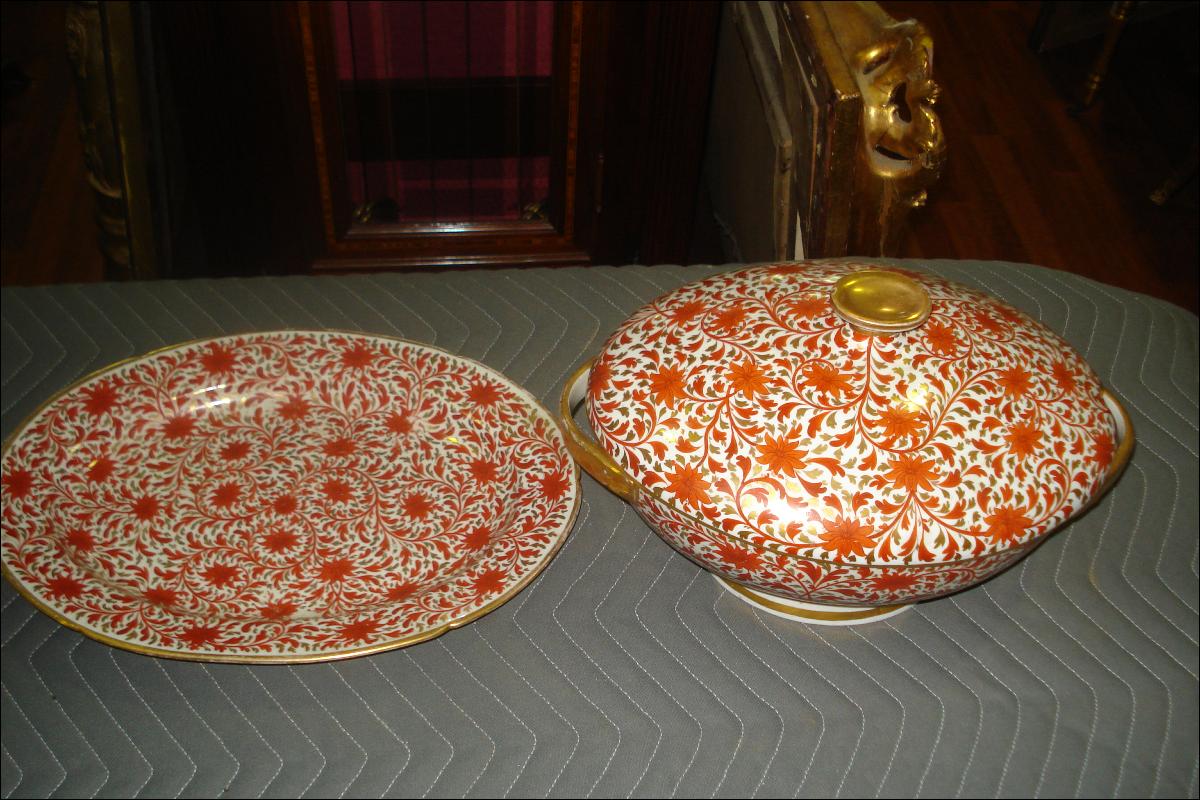 Nineteenth Century Toureen And Matching Platter, Highly Ornate, Hand Painted Floral Design With Gilded Banding, Edging, Handles, Finial