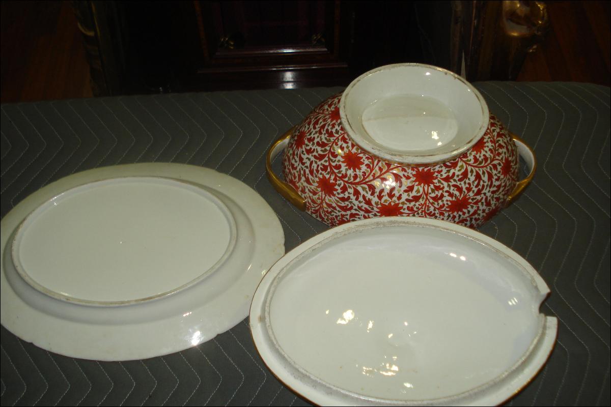 Nineteenth Century Toureen And Matching Platter, Highly Ornate, Hand Painted Floral Design With Gilded Banding, Edging, Handles, Finial