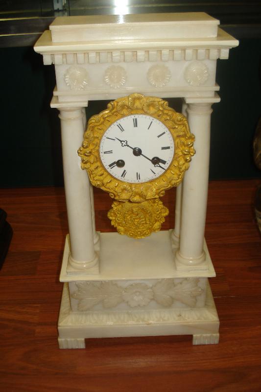 Rare Nineteenth Century French Alabaster Portico Clock Of Diminutive Size