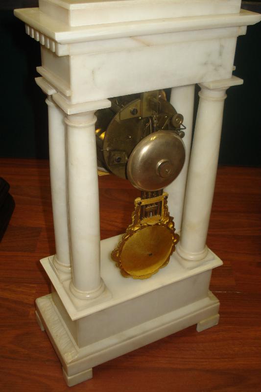 Rare Nineteenth Century French Alabaster Portico Clock Of Diminutive Size