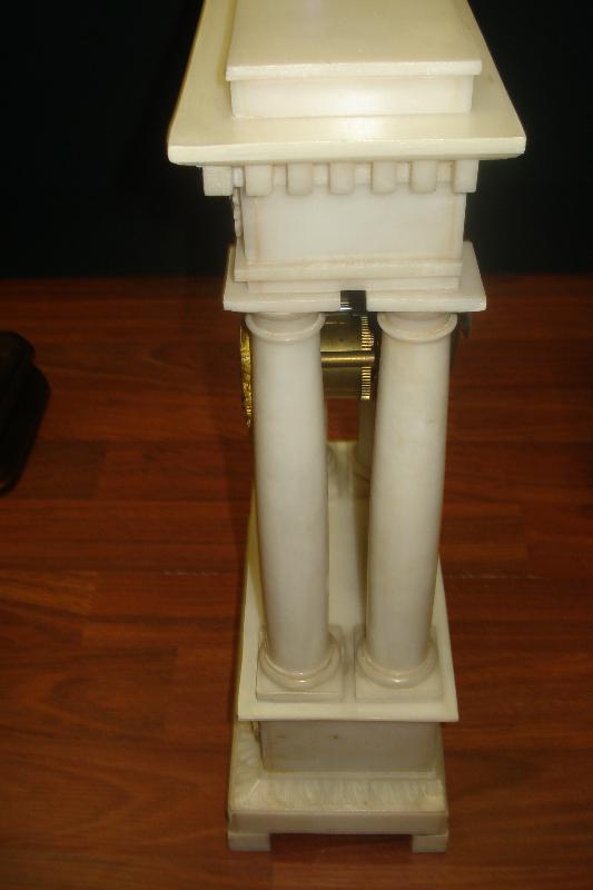 Rare Nineteenth Century French Alabaster Portico Clock Of Diminutive Size