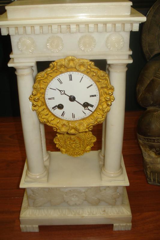 Rare Nineteenth Century French Alabaster Portico Clock Of Diminutive Size