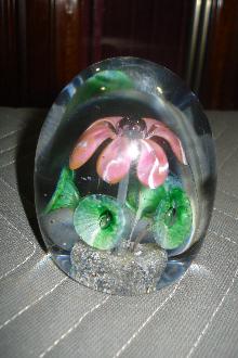Mid Twentieth Century Floral Glass Paperweight With Opened Flower And Floral Surround At Base