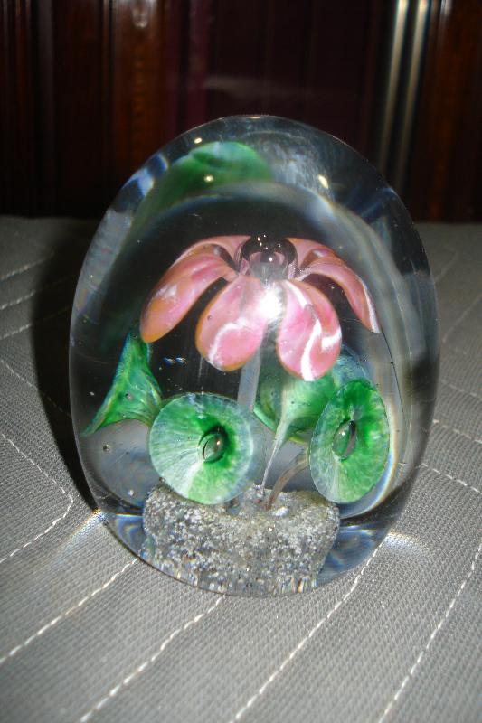 Mid Twentieth Century Floral Glass Paperweight With Opened Flower And Floral Surround At Base