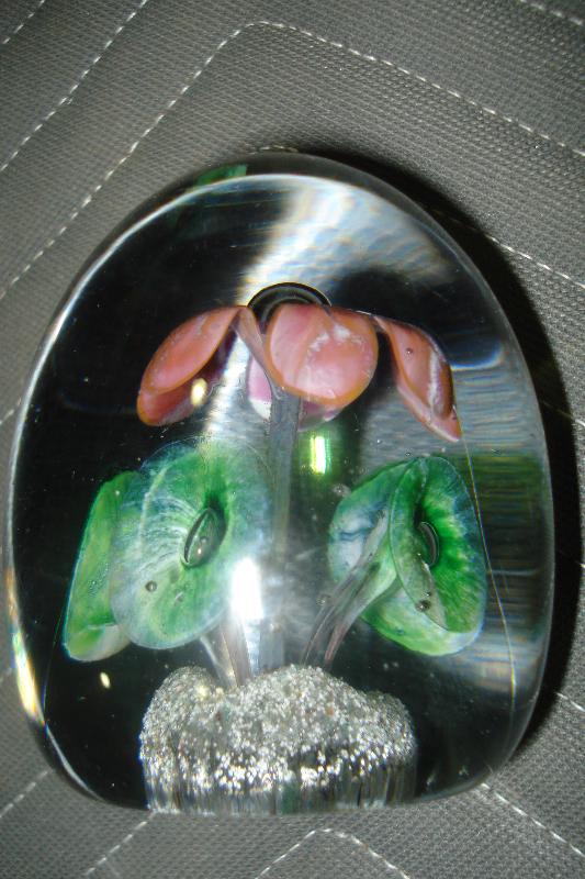 Mid Twentieth Century Floral Glass Paperweight With Opened Flower And Floral Surround At Base