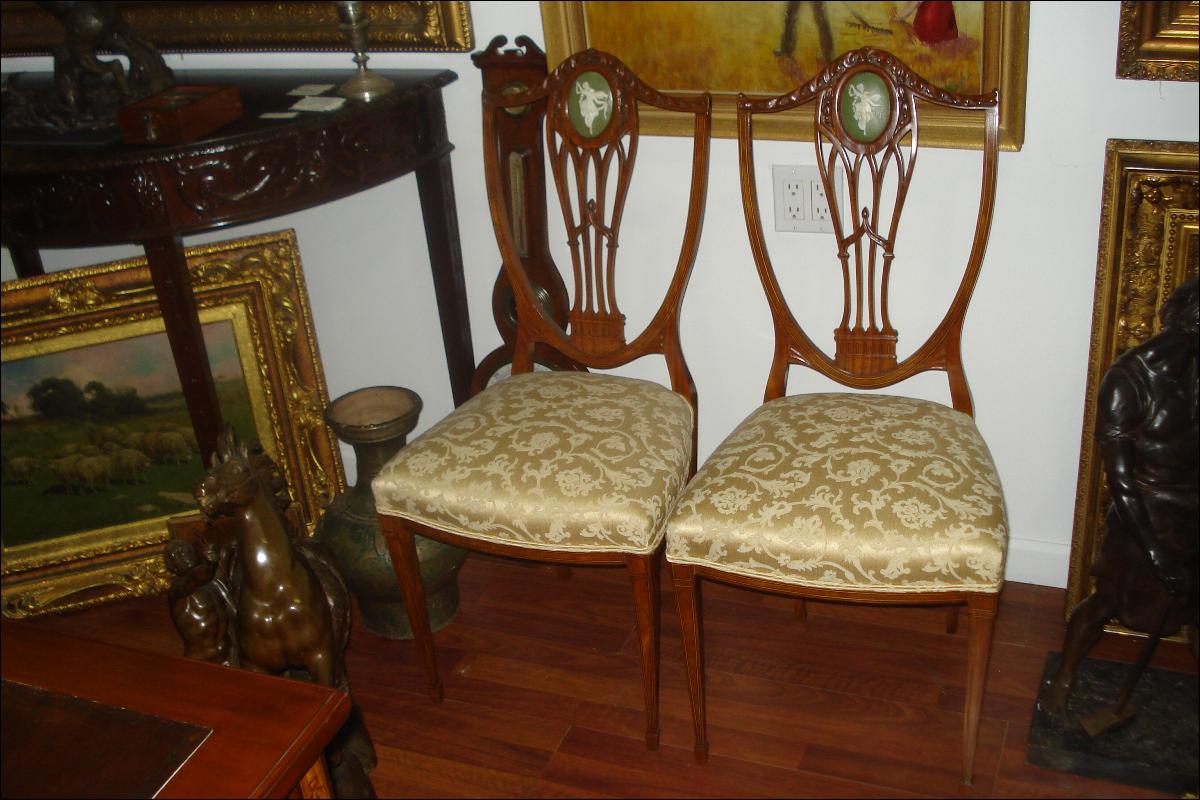 Eighteenth Century English Shield Back Chairs (Pair), Finely Carved Mahogany, Inlaid, With Wedgwood Styled Plaques