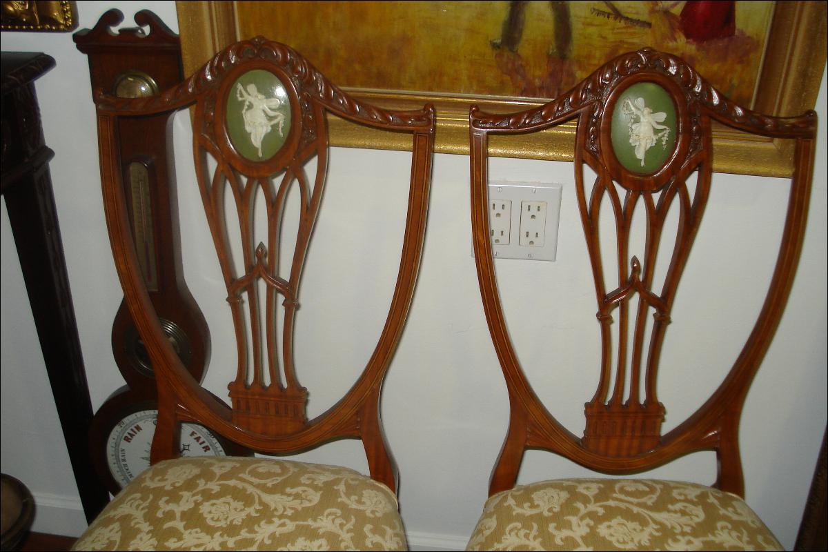 Eighteenth Century English Shield Back Chairs (Pair), Finely Carved Mahogany, Inlaid, With Wedgwood Styled Plaques
