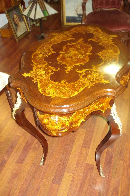 Nineteenth Century French Center Table, Bombe, Inlaid Throughout, Bronze Mounts