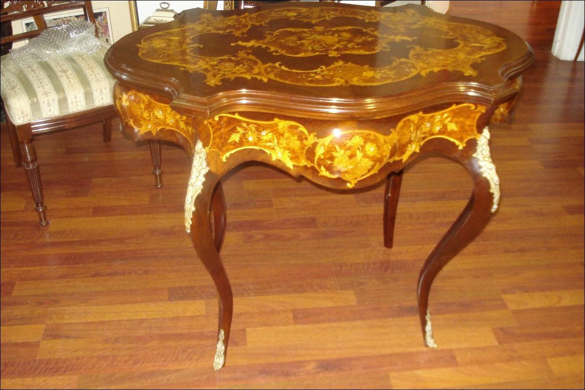 Nineteenth Century French Center Table, Bombe, Inlaid Throughout, Bronze Mounts