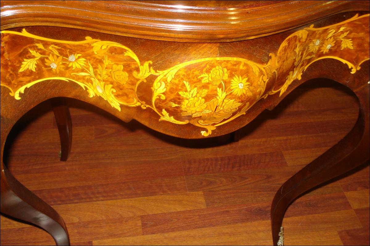 Nineteenth Century French Center Table, Bombe, Inlaid Throughout, Bronze Mounts