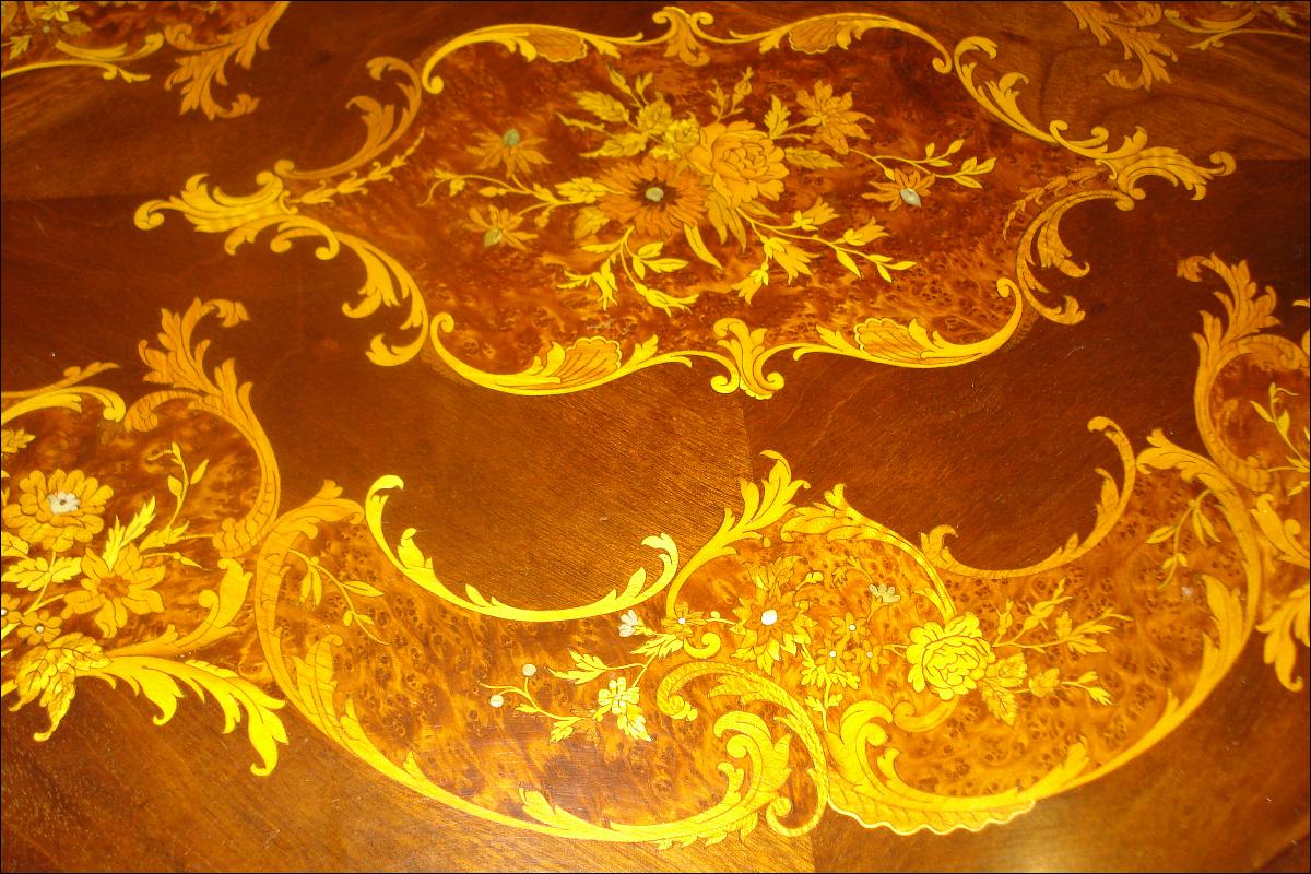 Nineteenth Century French Center Table, Bombe, Inlaid Throughout, Bronze Mounts