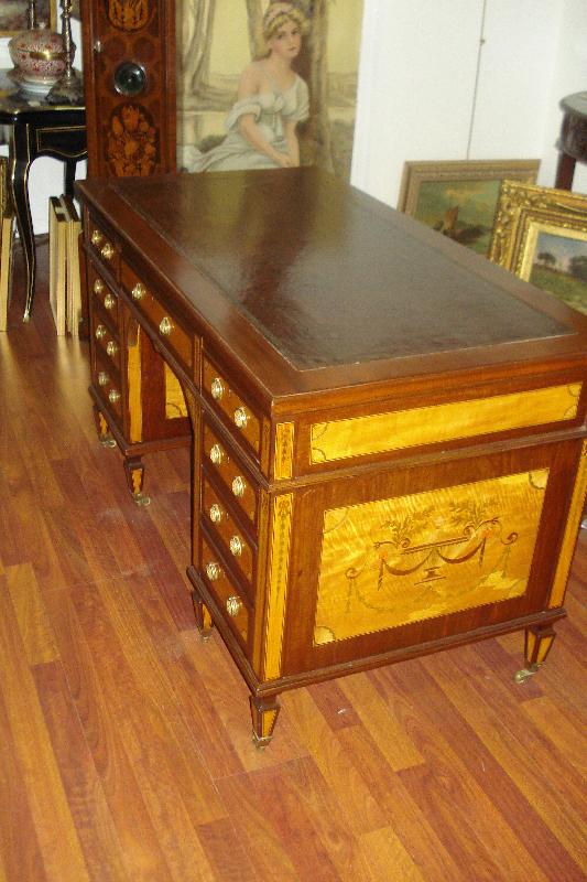 Fabulous Nineteenth Century English Desk, Inlaid On All Sides, Original Leather Top, Twin Pedestals,