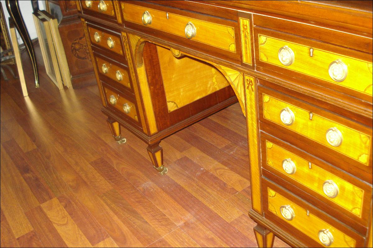 Fabulous Nineteenth Century English Desk, Inlaid On All Sides, Original Leather Top, Twin Pedestals,