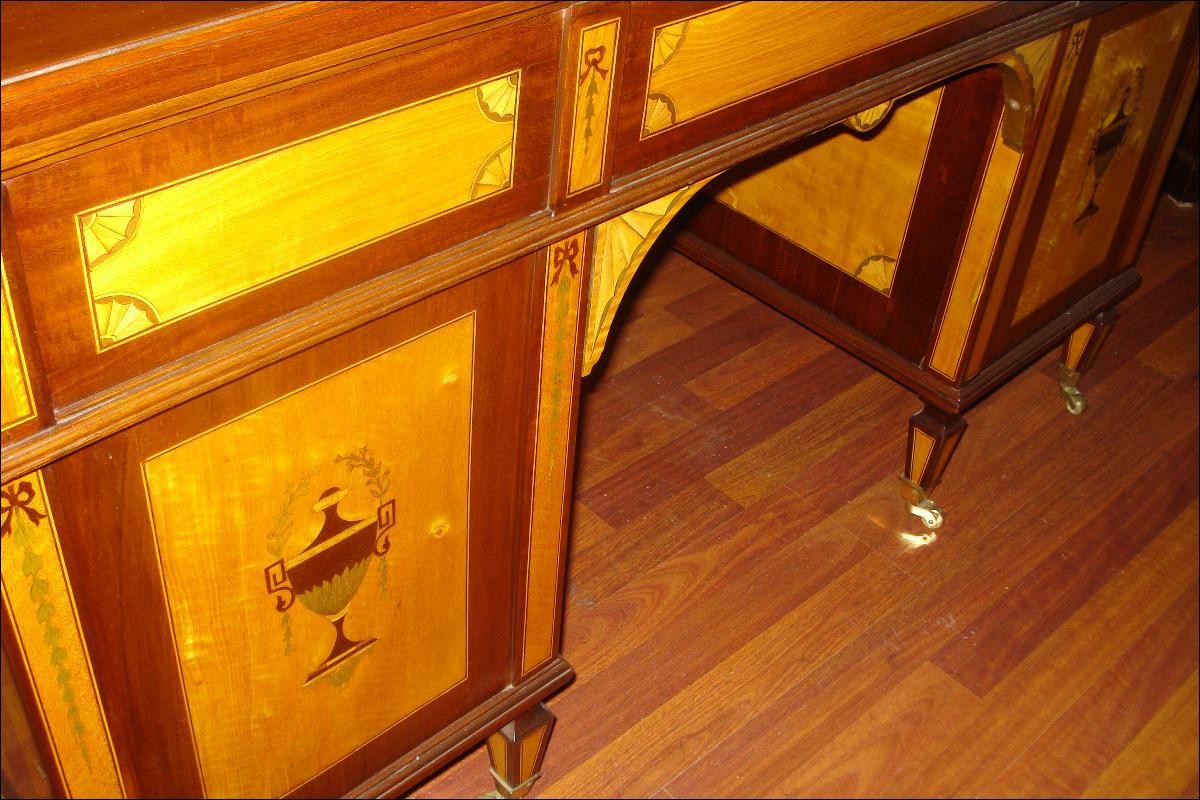 Fabulous Nineteenth Century English Desk, Inlaid On All Sides, Original Leather Top, Twin Pedestals,