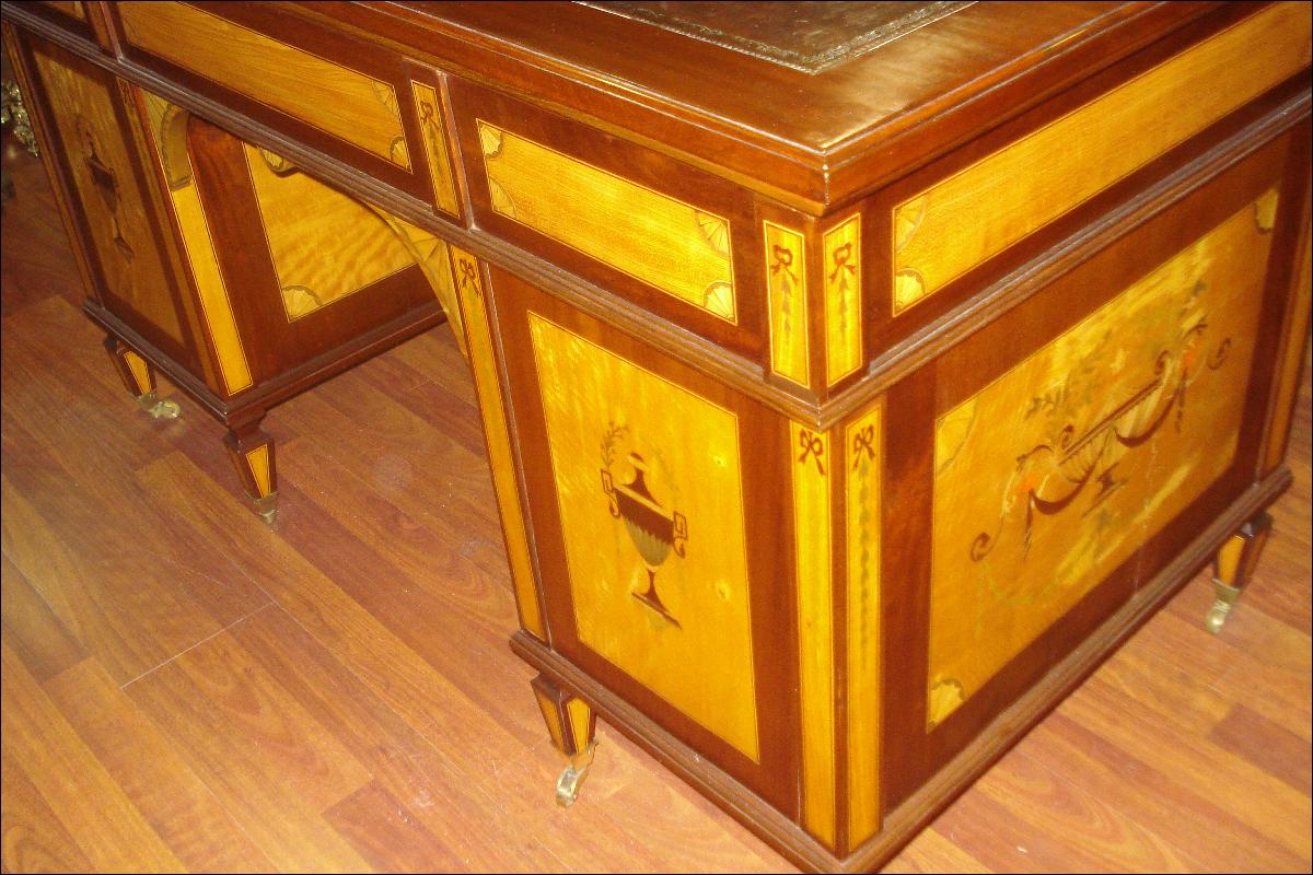 Fabulous Nineteenth Century English Desk, Inlaid On All Sides, Original Leather Top, Twin Pedestals,