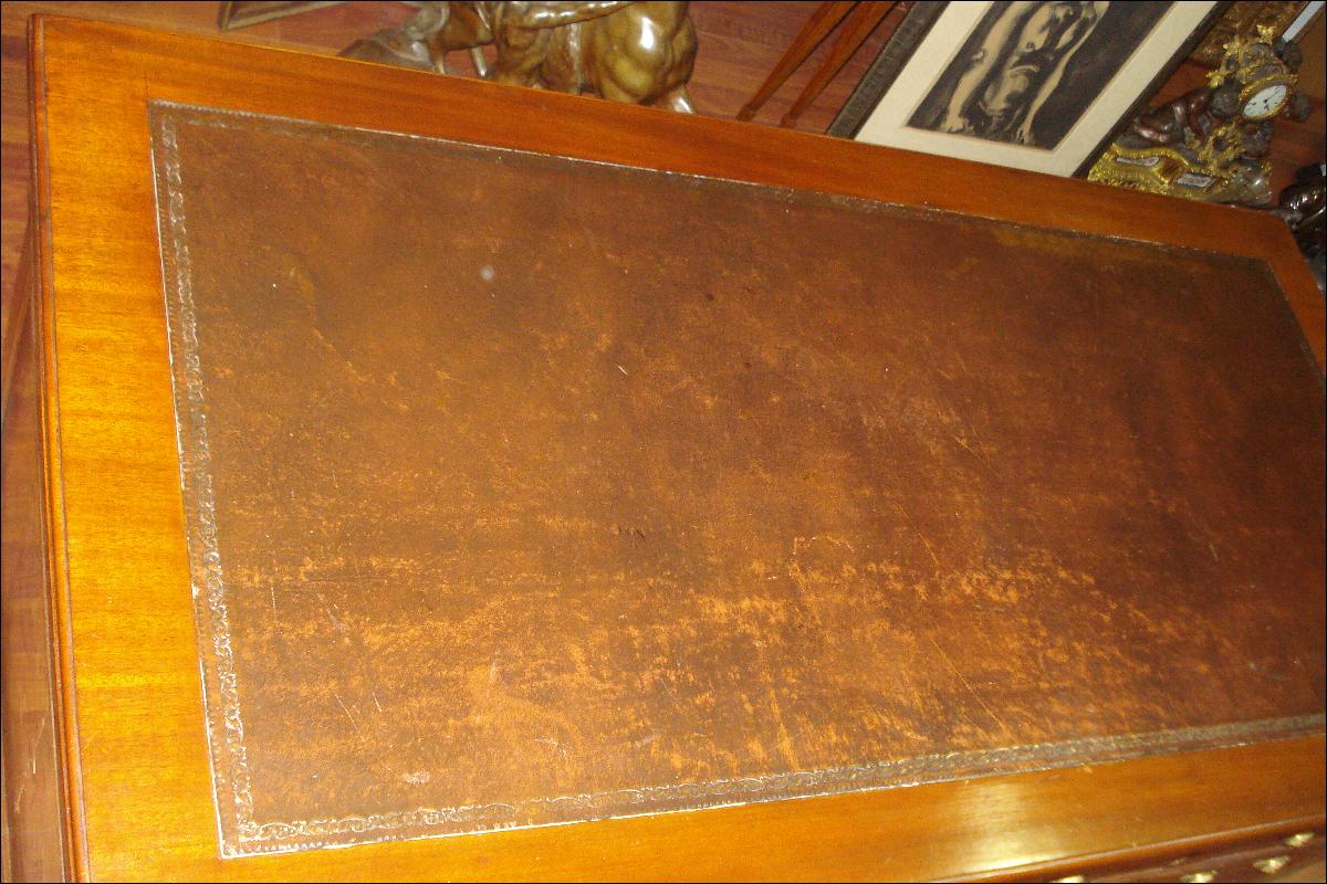 Fabulous Nineteenth Century English Desk, Inlaid On All Sides, Original Leather Top, Twin Pedestals,