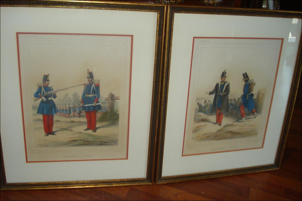Pair Of Original Hand Colored Lithographs, French Military, 1845,