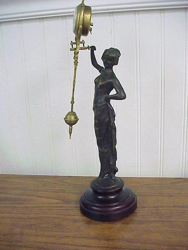 Antique Semi Nude Cast Bronze Woman Junghans Swinger Clock 14.5