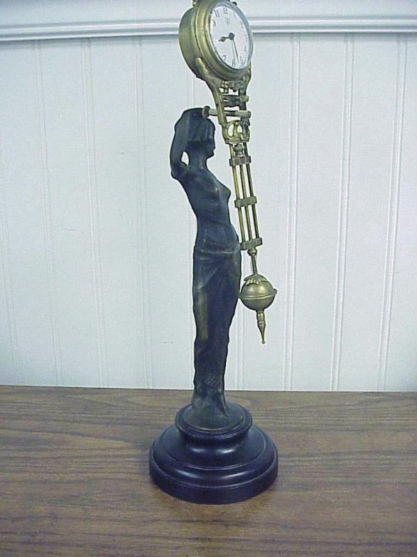 Antique Semi Nude Cast Bronze Woman Junghans Swinger Clock 14.5