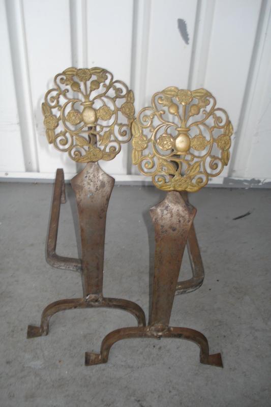 Eighteenth Century American Andirons (Pair), Pierced Bronze and Cast Iron