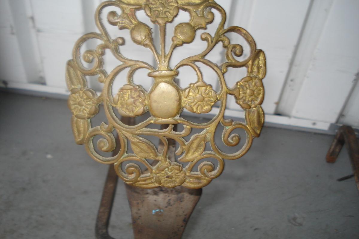 Eighteenth Century American Andirons (Pair), Pierced Bronze and Cast Iron
