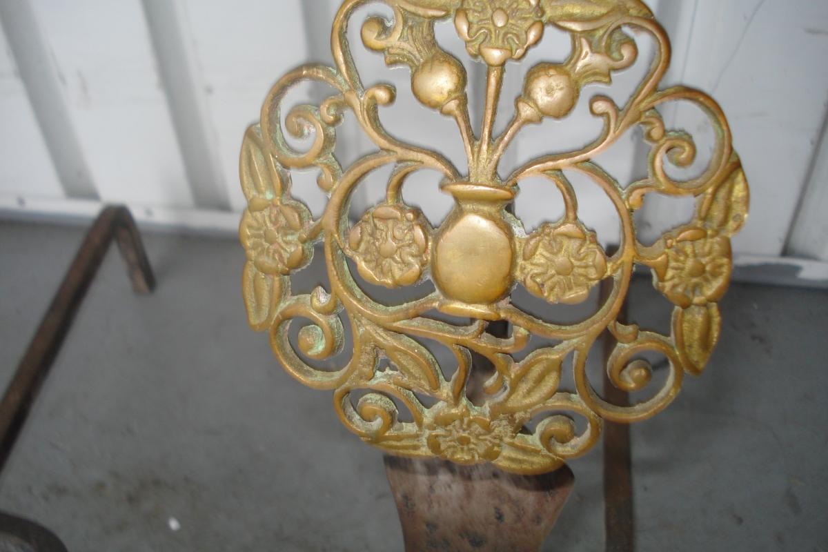 Eighteenth Century American Andirons (Pair), Pierced Bronze and Cast Iron