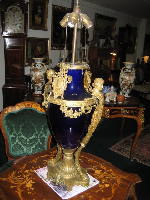 Early Twentieth Century French Cobalt Porcelain and Bronze Lamp of Napoleonic Styling.