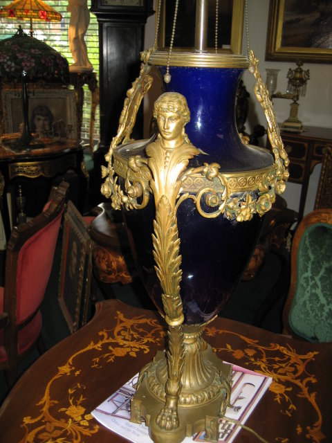 Early Twentieth Century French Cobalt Porcelain and Bronze Lamp of Napoleonic Styling.