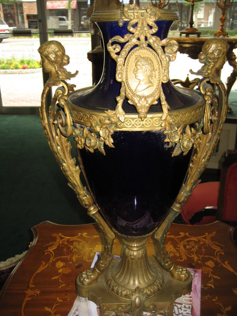 Early Twentieth Century French Cobalt Porcelain and Bronze Lamp of Napoleonic Styling.