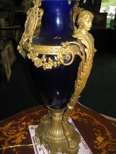 Early Twentieth Century French Cobalt Porcelain and Bronze Lamp of Napoleonic Styling.