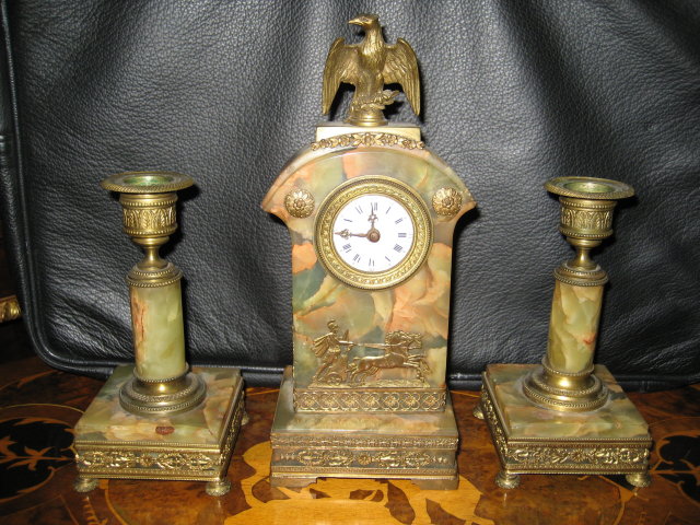 Rare Antique French Miniature Three Piece Clock Set, Napoleonic Styling of the Louis Philippe Era, Onyx and Ormolu
